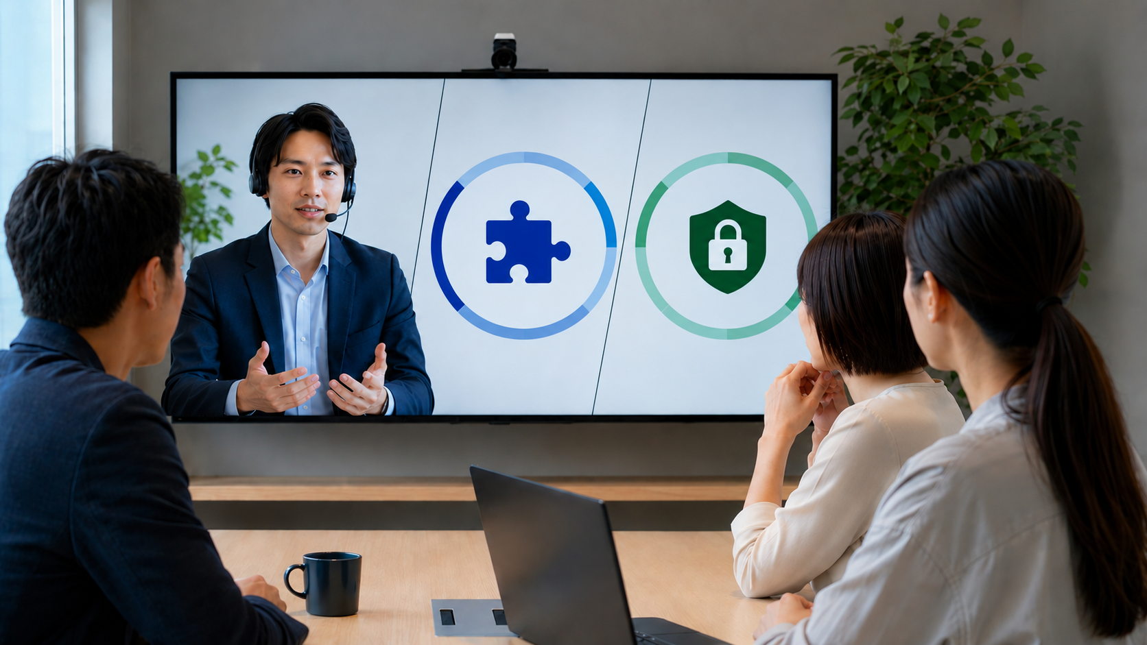 AIオペレーターのカスタマイズとセキュリティ対策を示すパズルと盾のアイコンが映る画面を見て、オンライン会議をするチーム。
