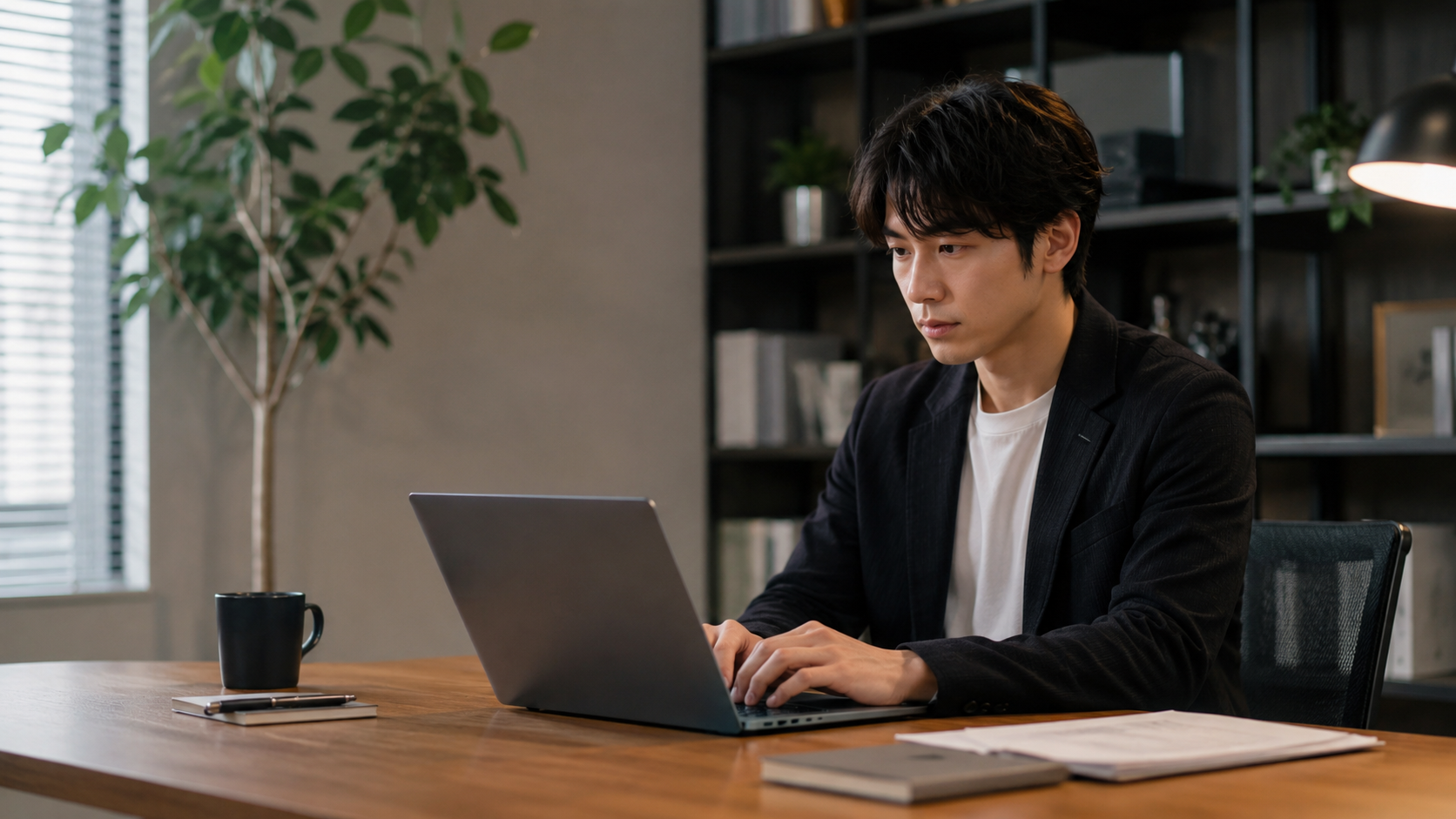 複雑なクエリファンアウトの処理プロセスを理解し、今後のSEO対策のWebライティングを行う男性。