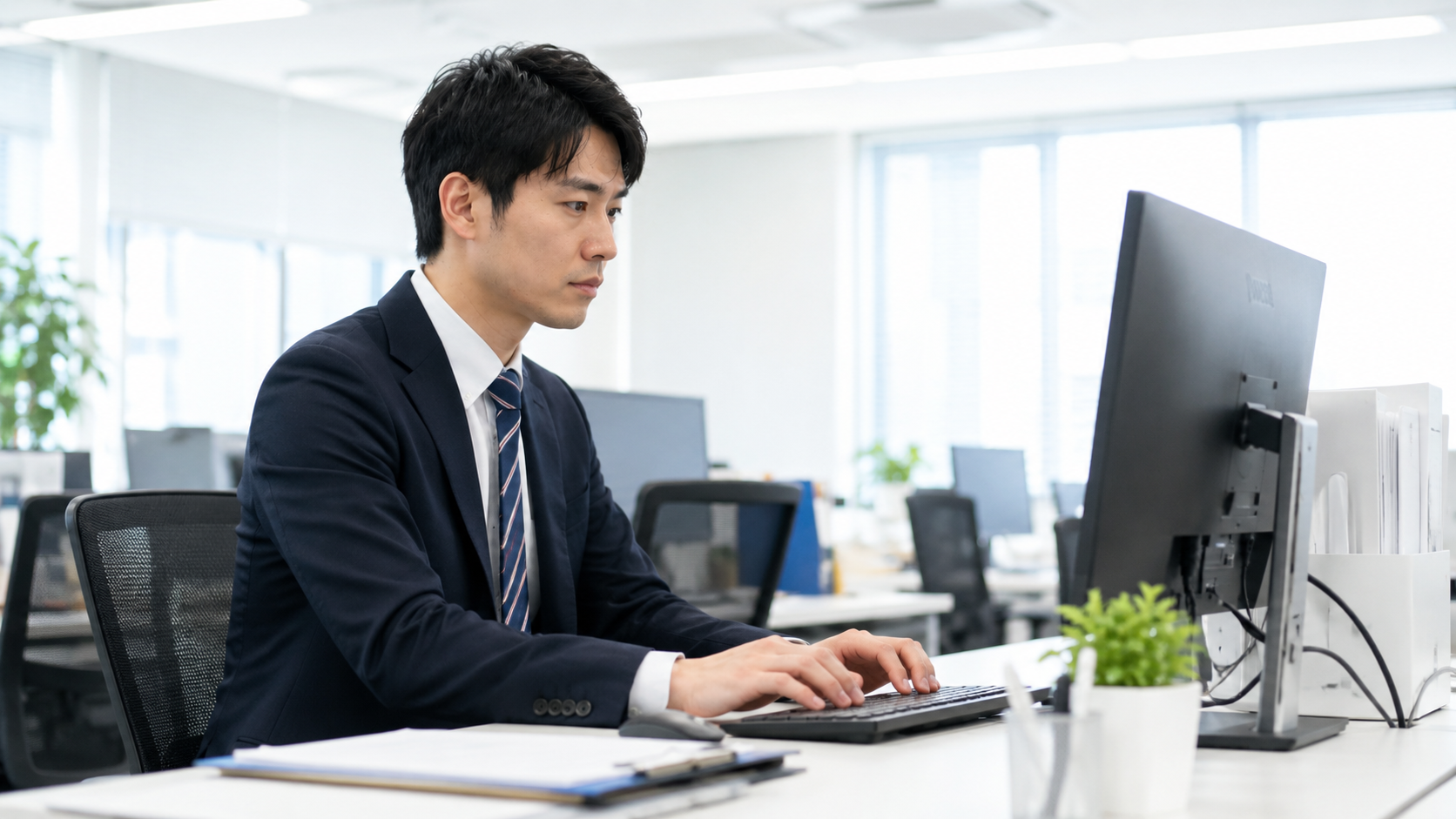 AIオペレーターの導入や運用に不可欠なセキュリティ対策・プライバシー保護の作業を、真剣な表情で行う男性担当者。
