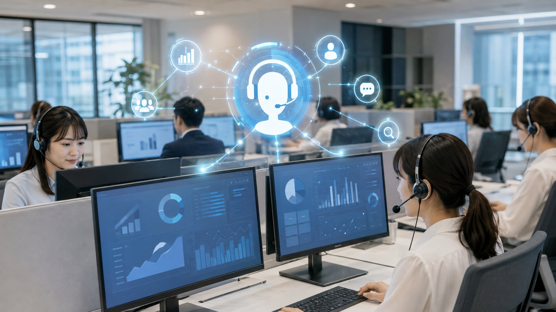 コールセンター業務を支援するAIオペレーターの仕組みを表した、ヘッドセットアイコンとネットワークの概念図。