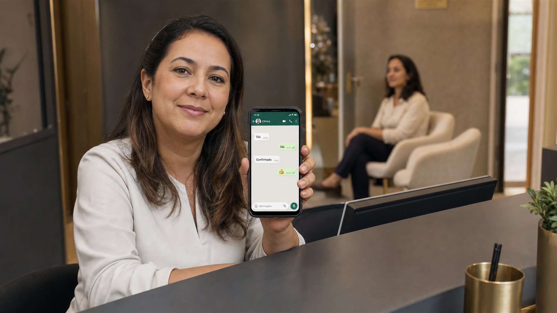 Recepcionista de clínica no balcão com o celular mostrando a confirmação de consulta no WhatsApp
