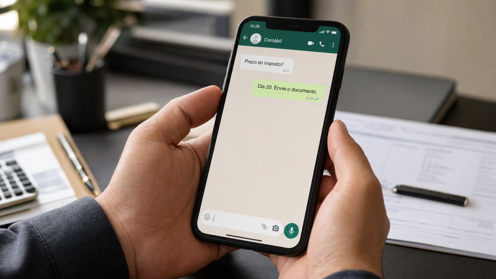 Aplicação de IA para contabilidade: WhatsApp em um celular com a triagem de mensagens de clientes de um escritório contábil
