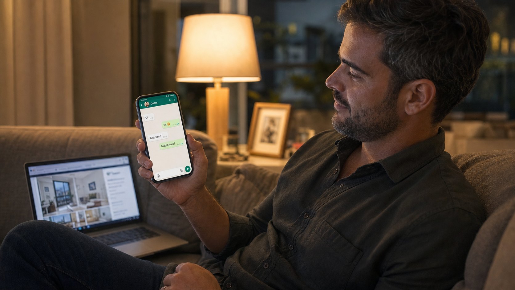 Corretor de imóveis de folga à noite respondendo um cliente pelo WhatsApp no celular, com o notebook aberto ao lado