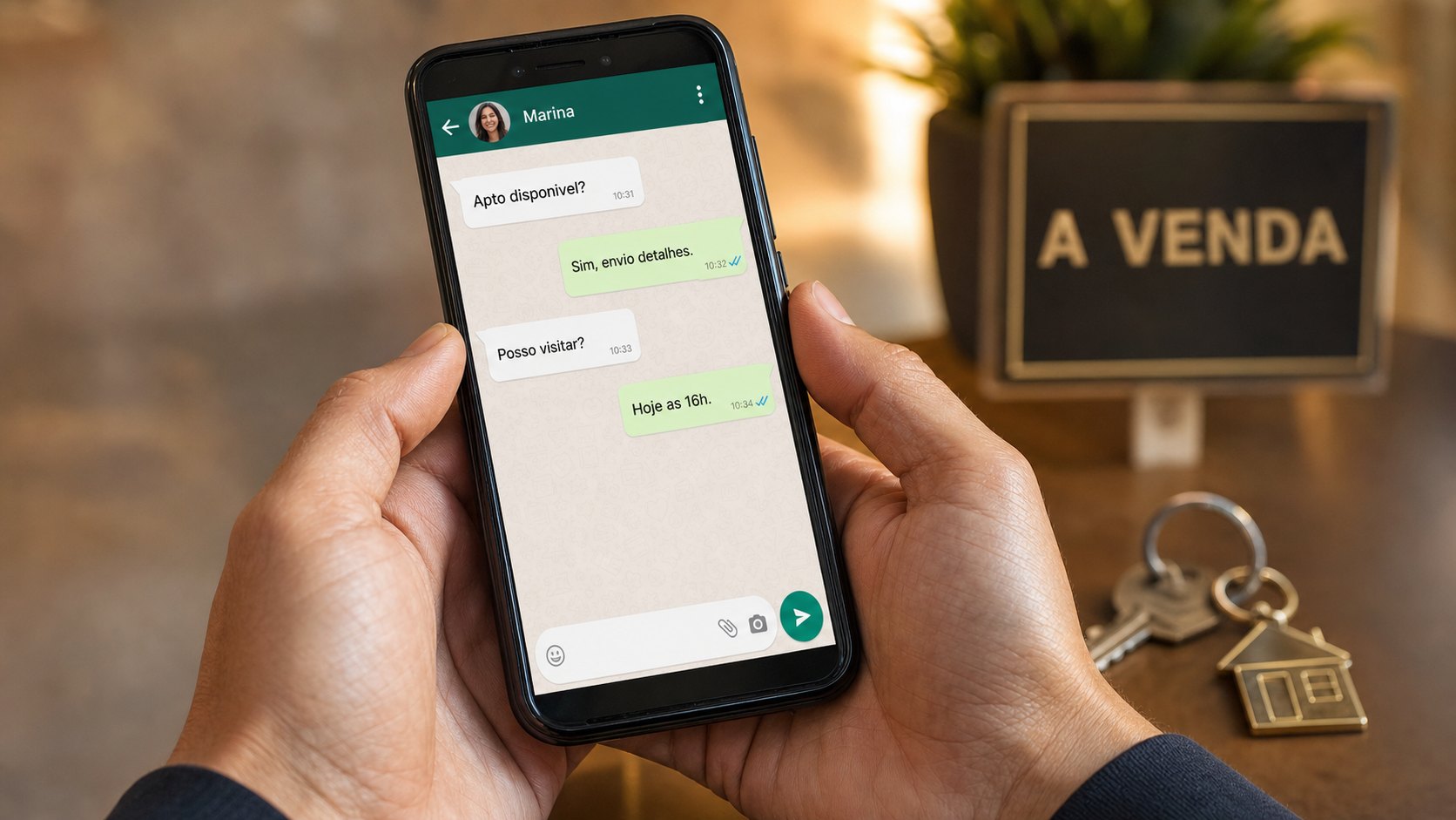 Celular mostrando uma conversa de WhatsApp sobre um imóvel, com a triagem do lead por região e faixa de preço
