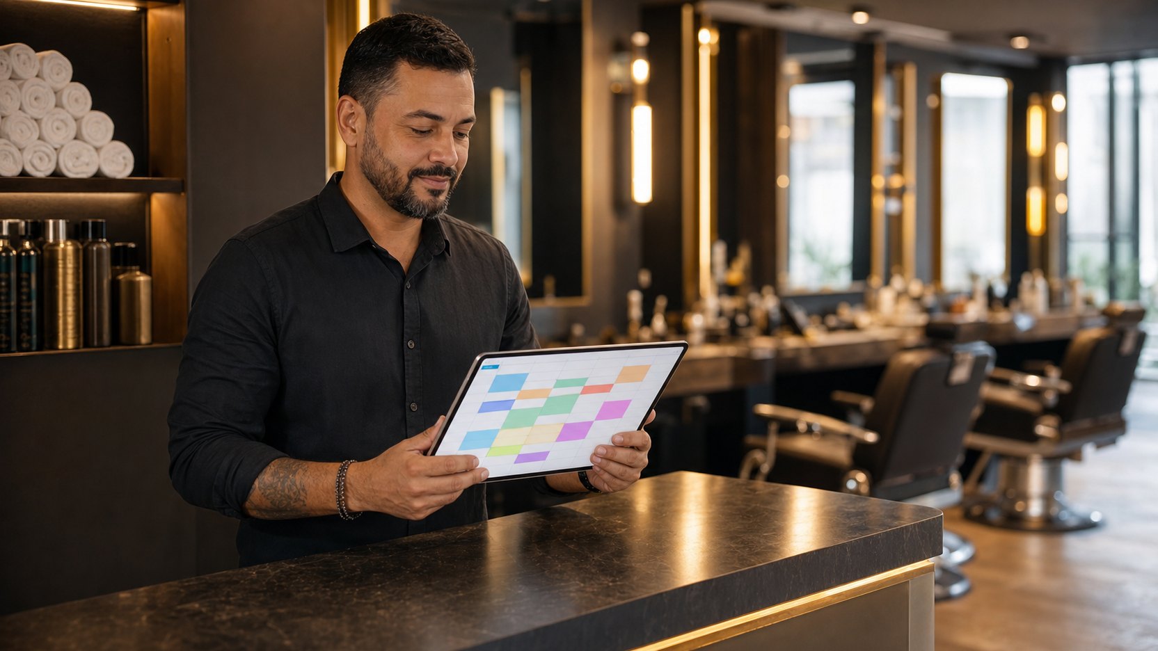 Dono de salão na recepção conferindo a agenda de horários em um tablet