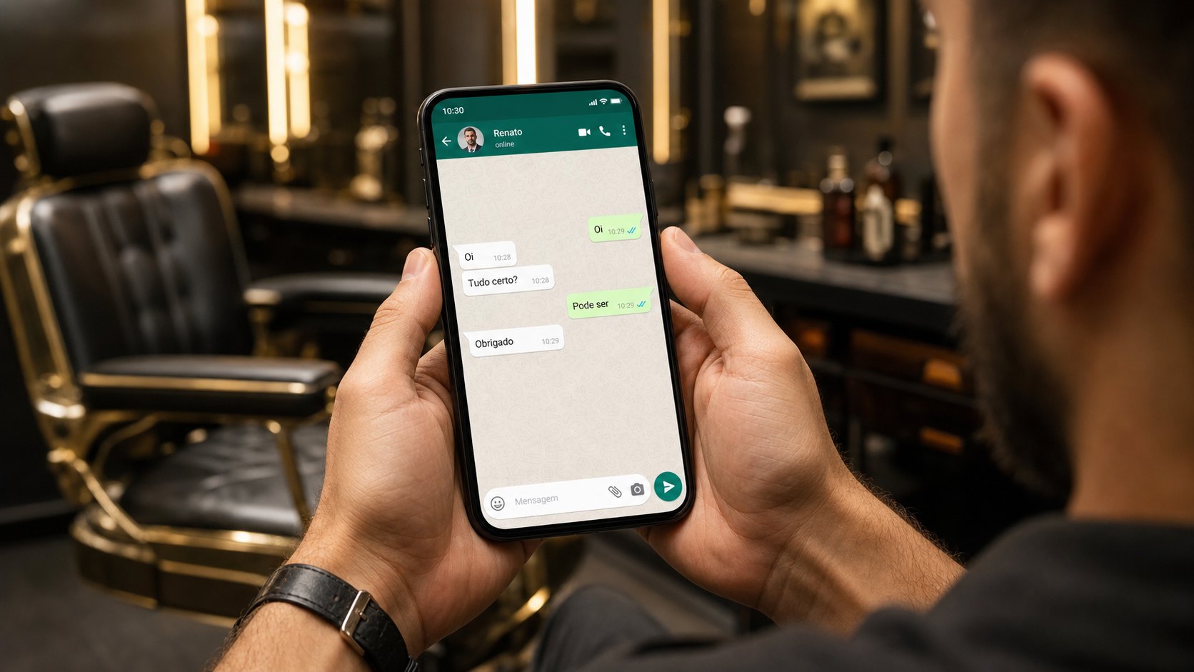 Mãos de cliente segurando o celular com a confirmação de horário do salão no WhatsApp