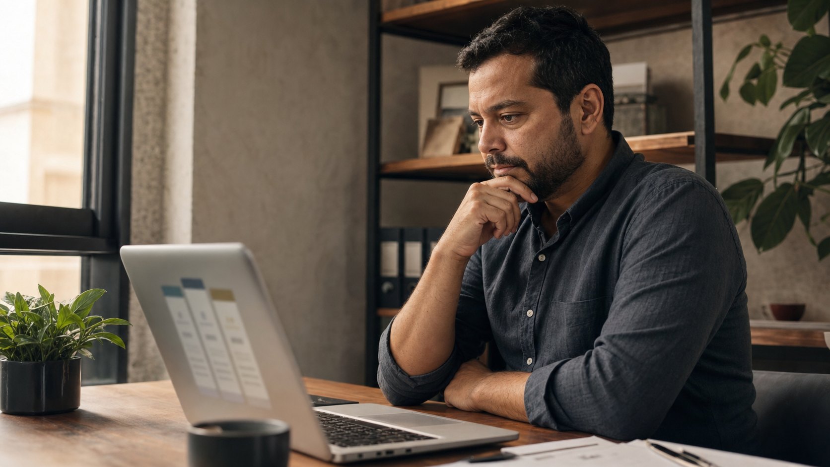 Dono de pequeno negócio comparando planos de ferramentas de IA no notebook, avaliando preços