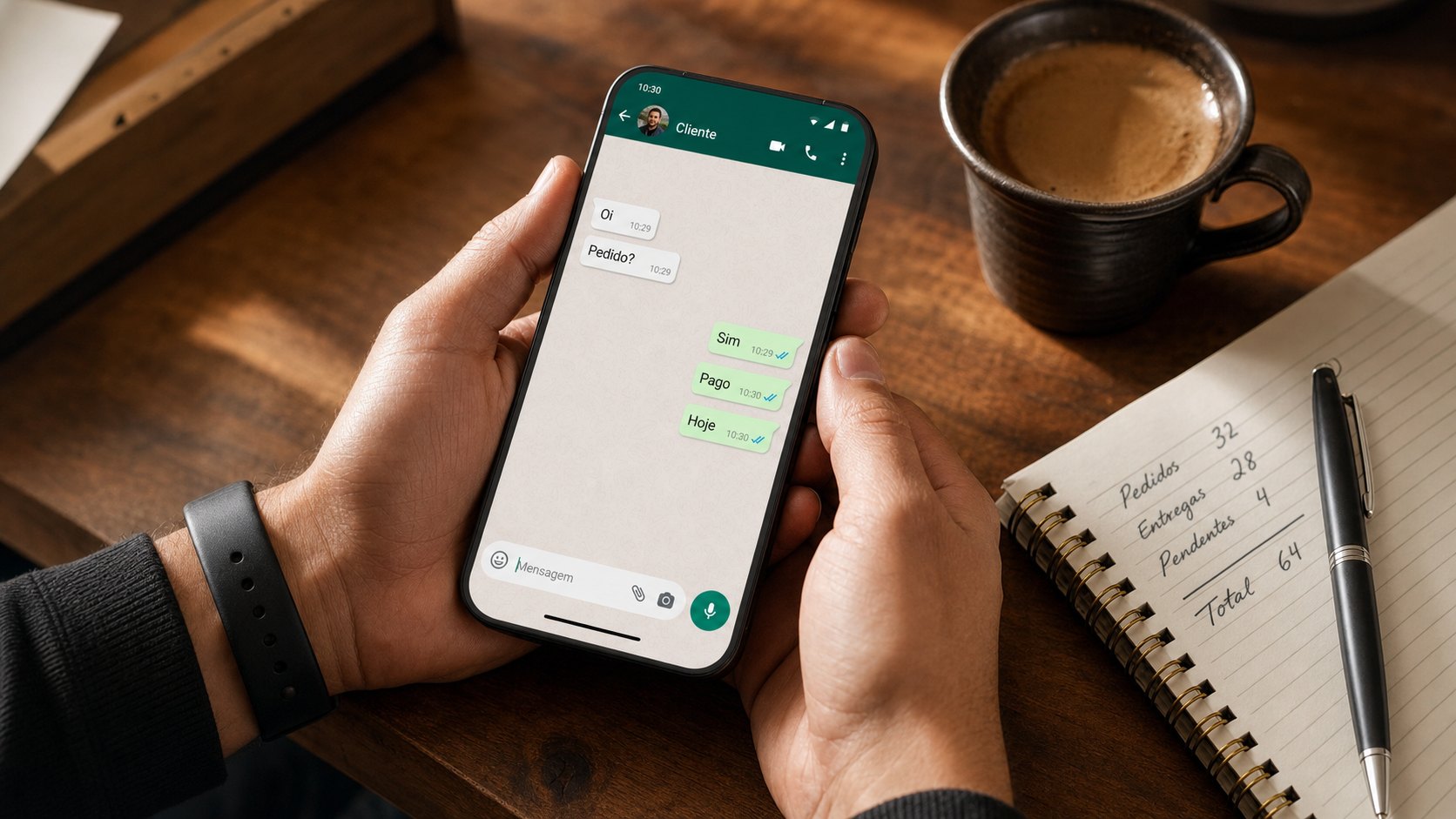 Pequeno empresário usando um aplicativo de IA no celular para responder clientes, ao lado de um caderno com números