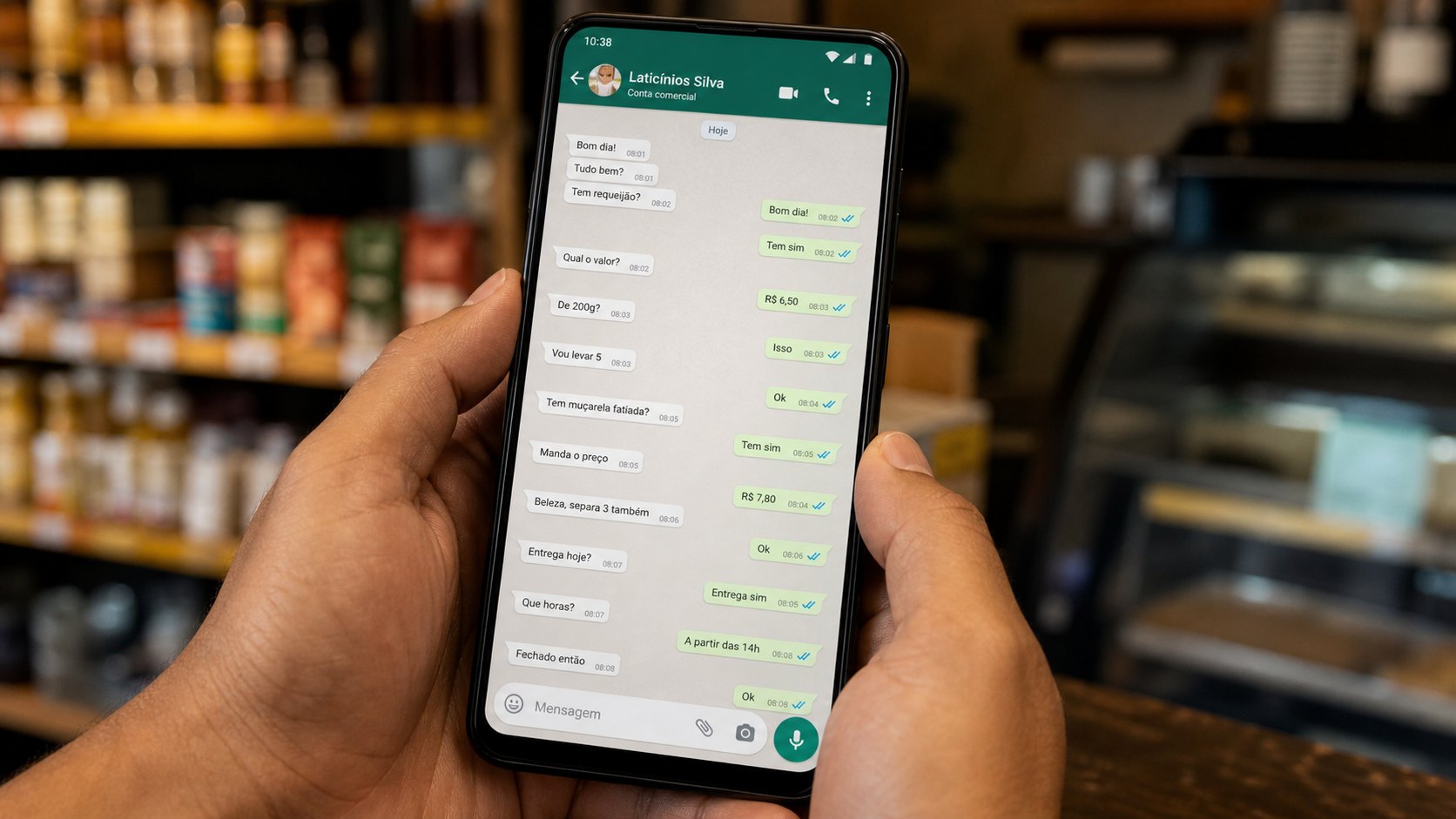 Celular mostrando um WhatsApp Business com muitas mensagens de atendimento acumuladas