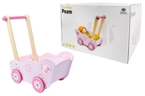 עגלת בובה ורודה מעץ BGIFTS ביגיפטס