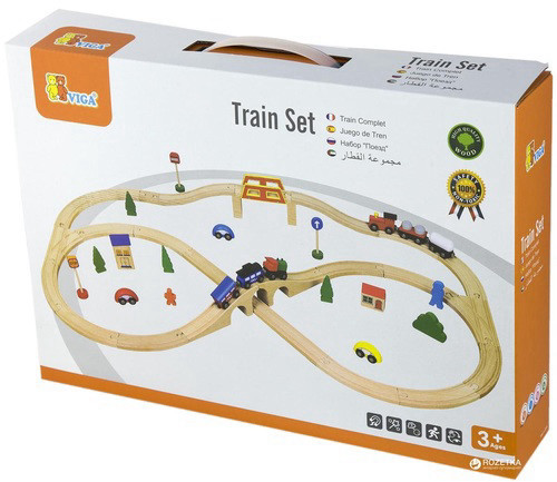 זוג רכבות עץ עם מסילות מתפצלות וסט איבזור ויגה 