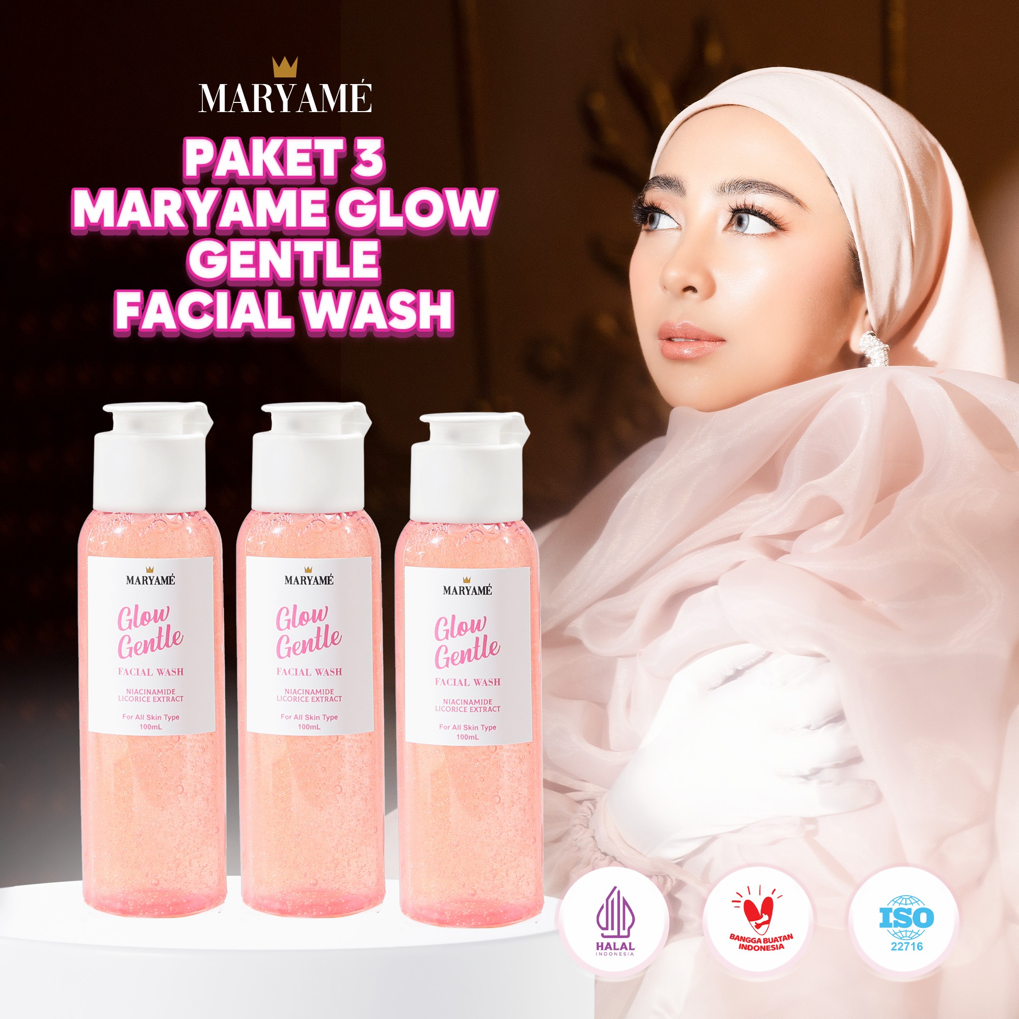 Maryame Isi 3Pcs Glow Gentle Facial Wash Sabun Cuci Muka Niacinamide Low Foam mencerahkan PH Seimbang BPOM Halal
