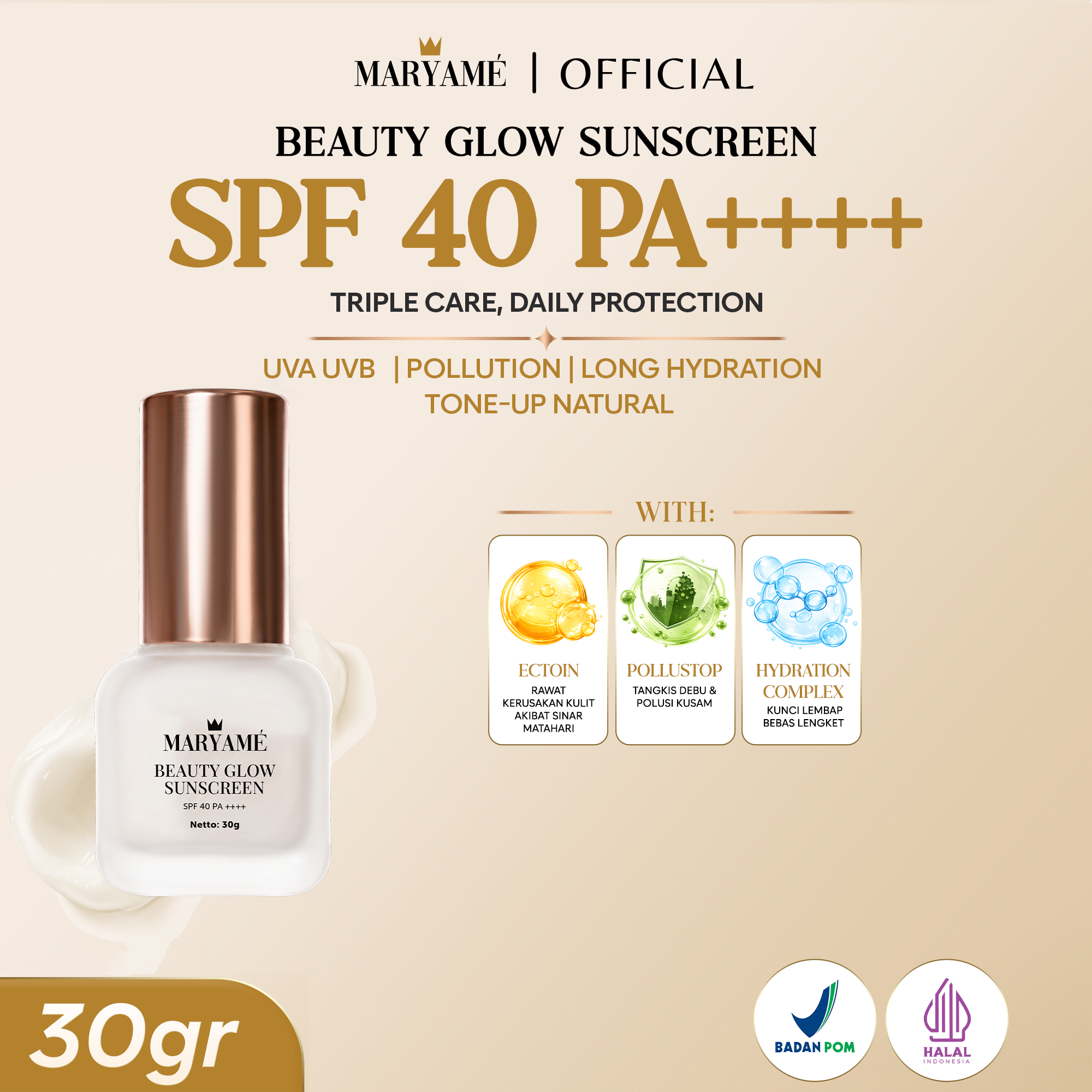 Maryame Beauty Glow Sunscreen SPF 40 PA++++ Lembab Glowing Triple Care  BPOM Halal