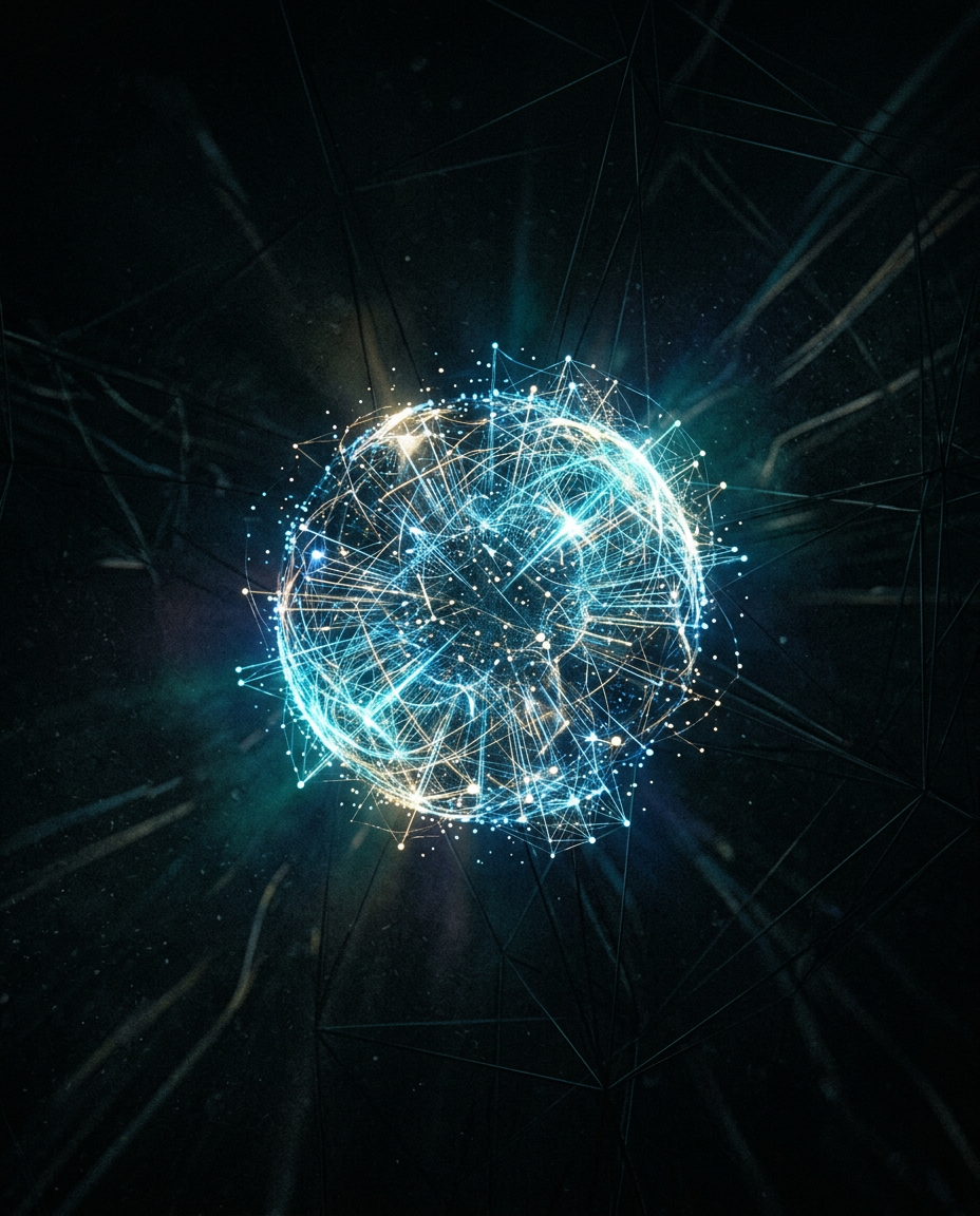 abstract visual of a glowing data node in a dark room