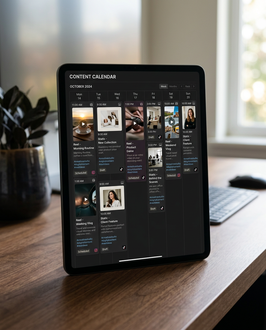 AdsXFlow dashboard showing an AI-generated content calendar with Reels and posts