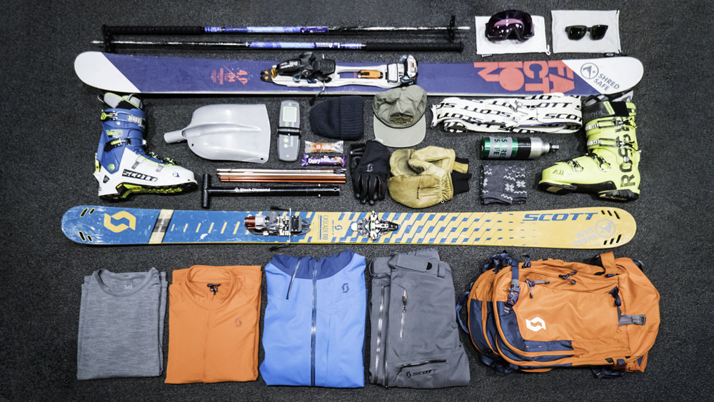 ski holiday packing list - flat lay of ski equipment
