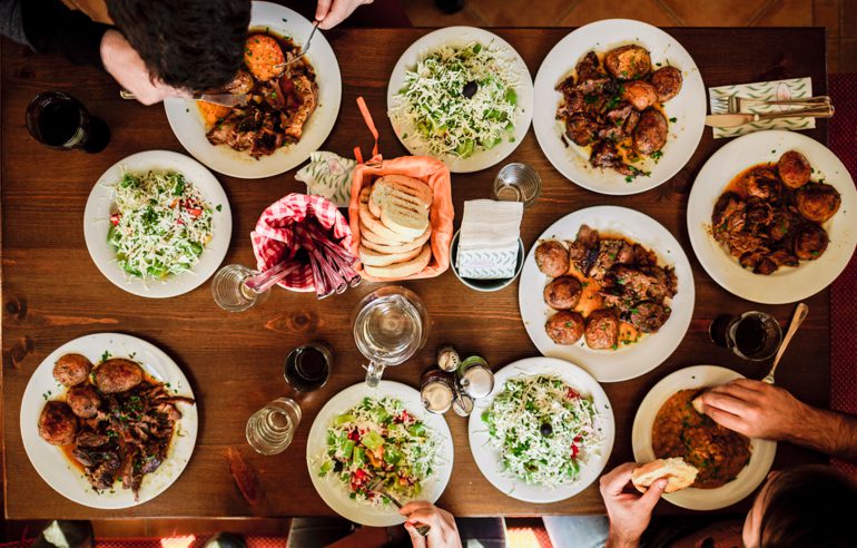 large group meal photographed from above