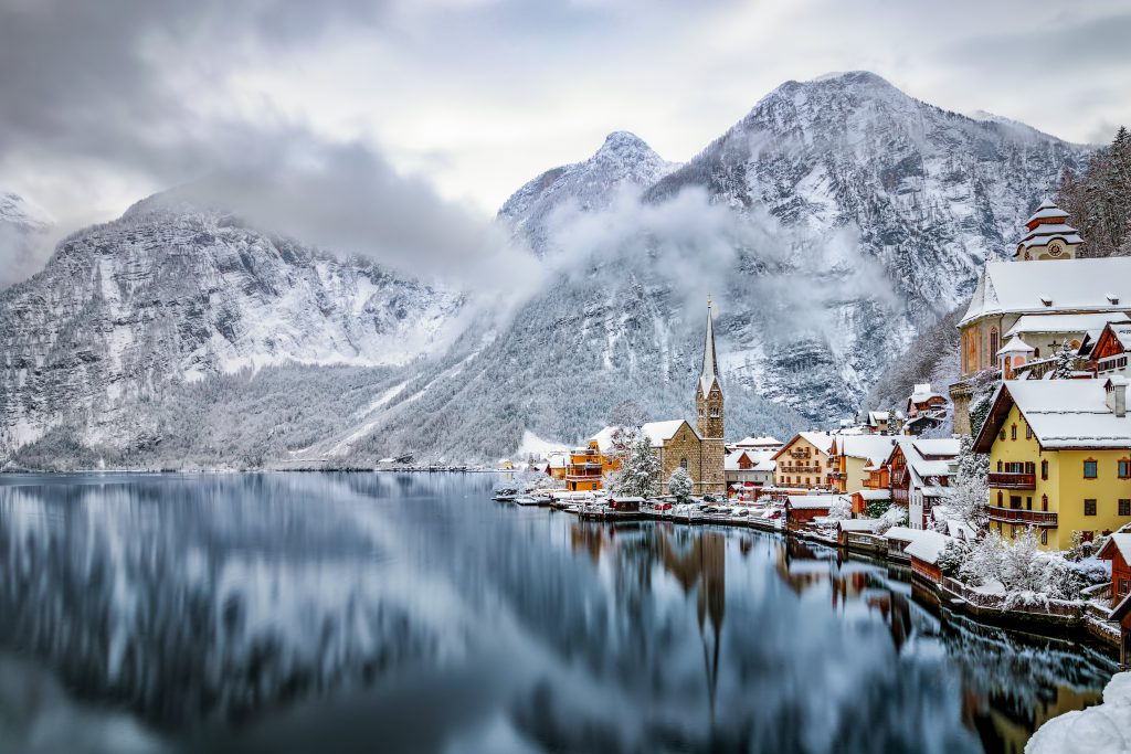 View of the snow covered village of Hallstatt in the Austrian Alps during christmas time