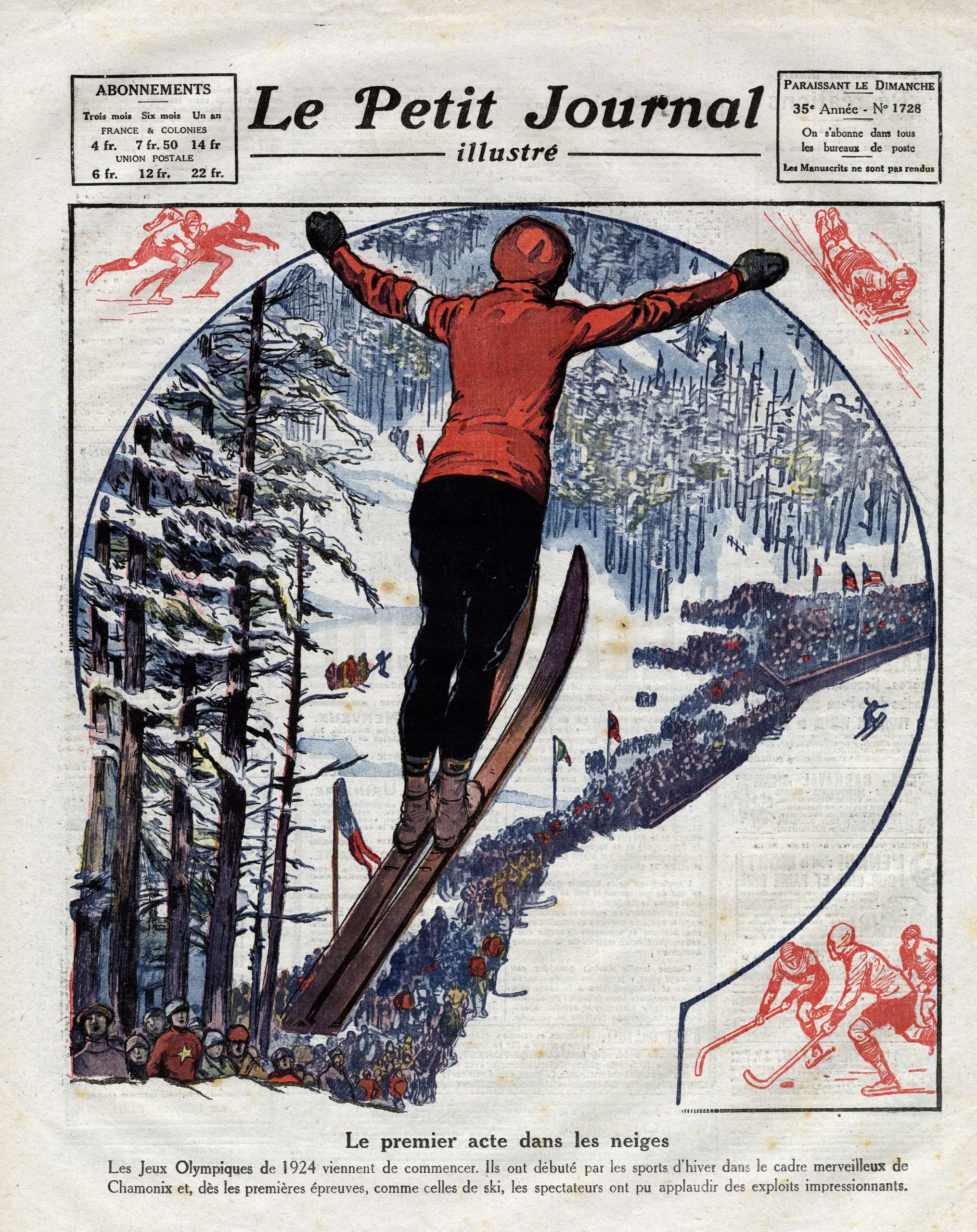 The cover of 'Le Petit Journal Illustree' features a drawing of a ski jumper at the 1924 olympics in Chamonix