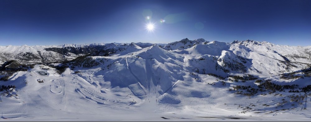 A fisheye, panoramic view of the Serre Chevalier ski area