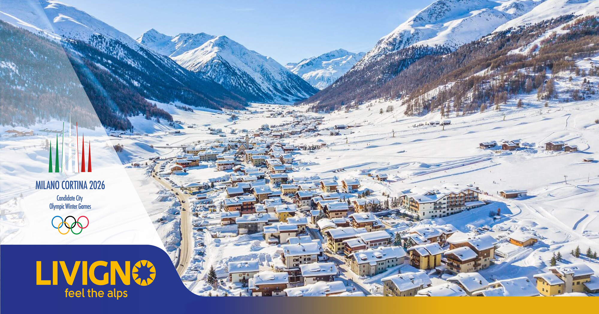 Promotional image of the village of Livigno with branding for the 2026 olympics