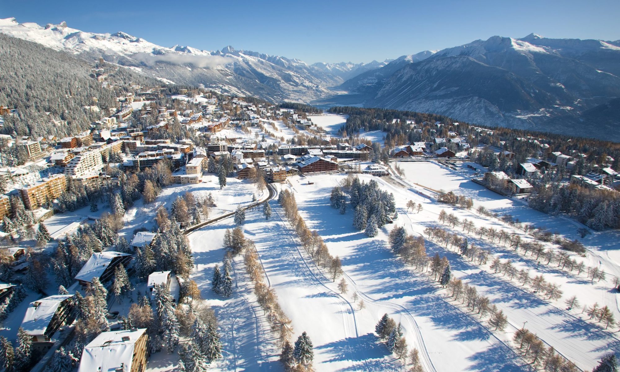 Beginner pistes wind through the trees in Crans Montana