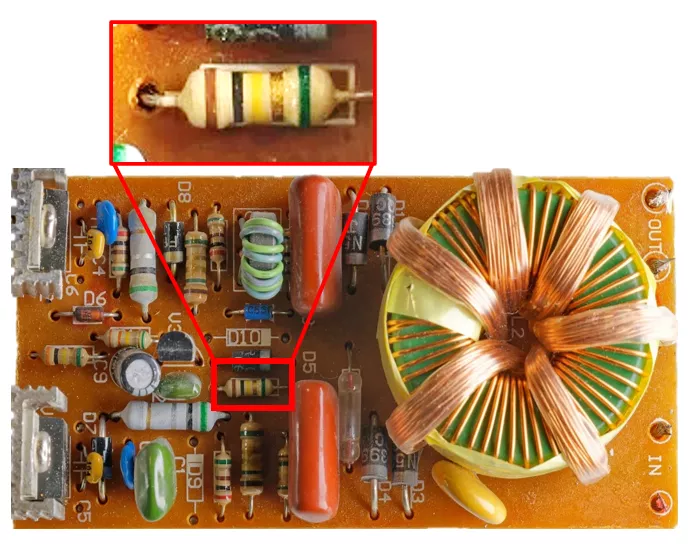 Circuit board with resistor highlighted