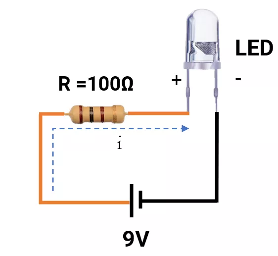 circuit of led and resistor connected across 9v battery