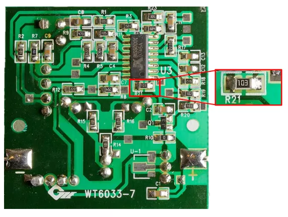 resistor marking with 103 highlighted, on pcb