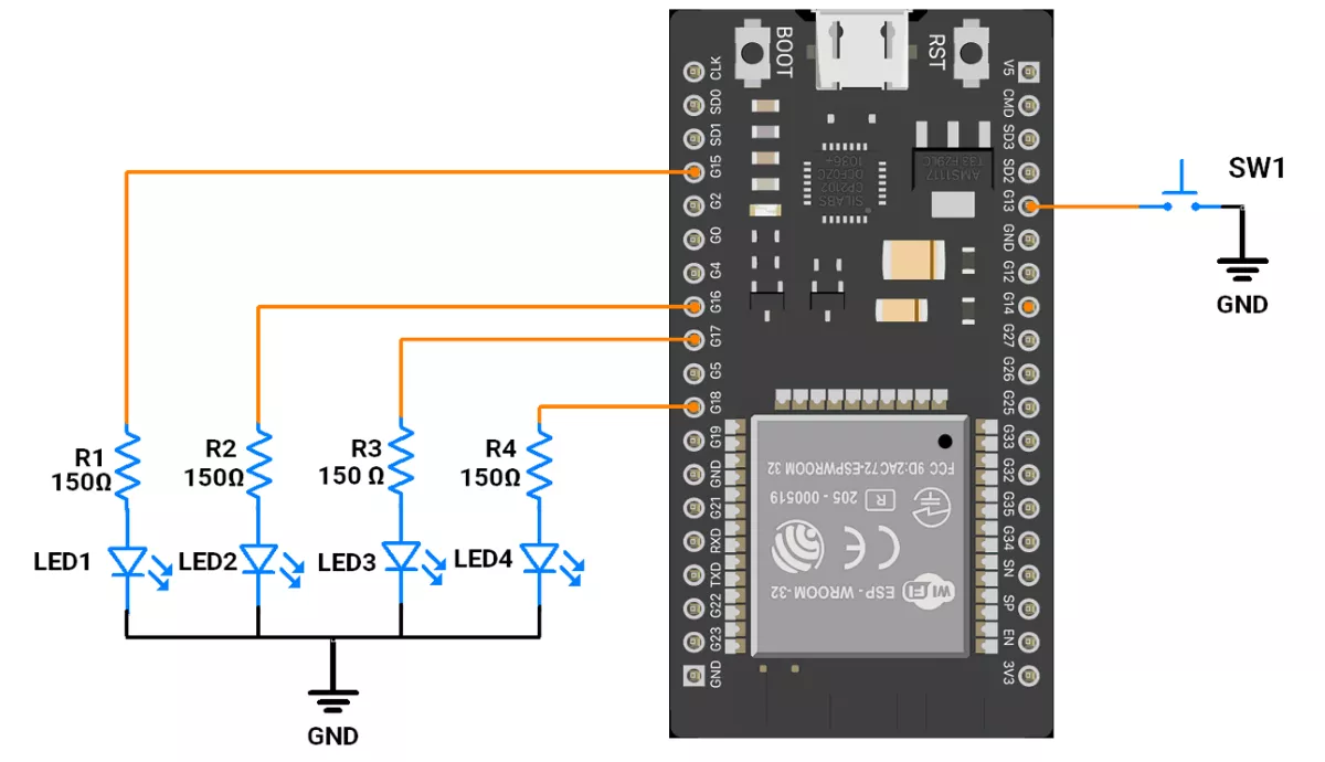 ESP32-LED-Blinking-pattern-circuit