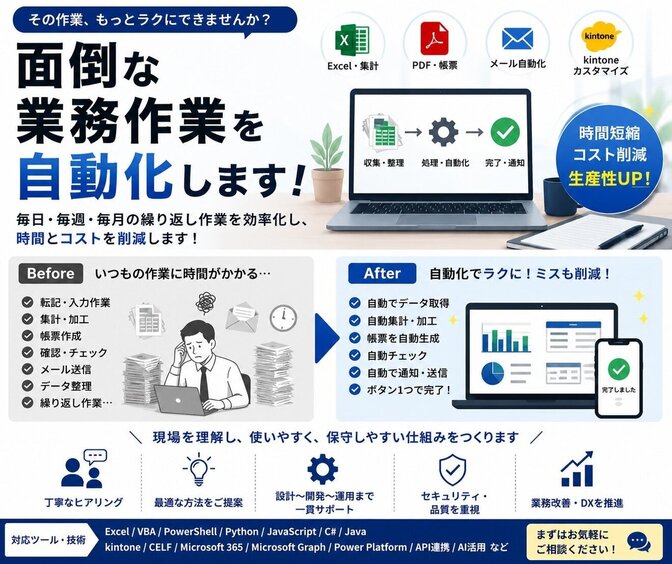 面倒な事務作業を自動化します！
