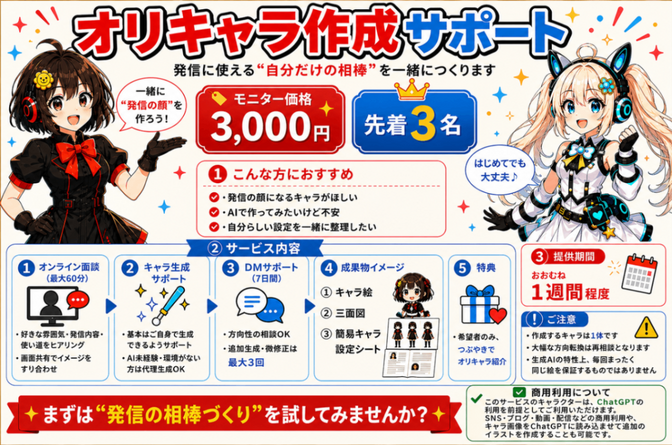 【先着3名様限定お試し価格】AI使用オリキャラ作成サポート