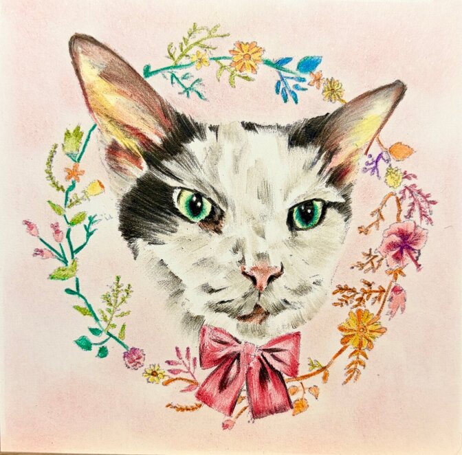 愛するペットの似顔絵（15×15センチ、額装込）