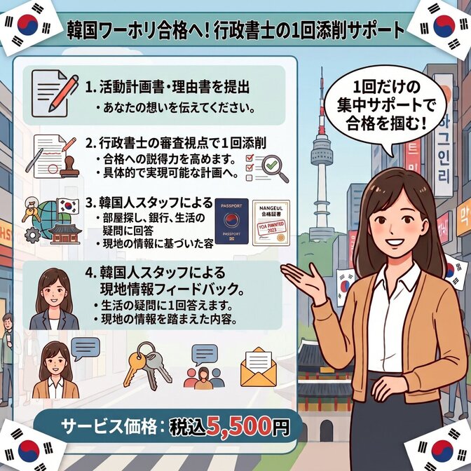 韓国ワーホリの活動計画書・理由書添削および質問回答します