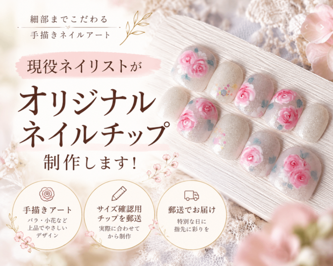 特別な日に、手描きの花を楽しむネイルチップ