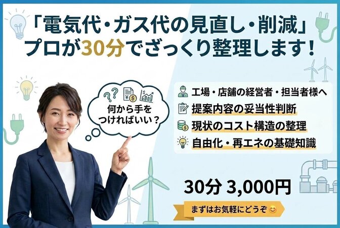工場・製造業の電気・ガスコスト削減相談【30分3,000円】