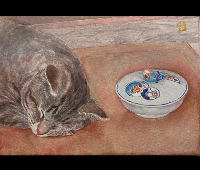 【小さな水彩画】蓋付き伊万里と昼寝ねこ