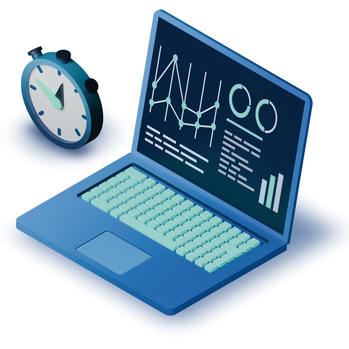 Laptop with various charts and a timer next to it.