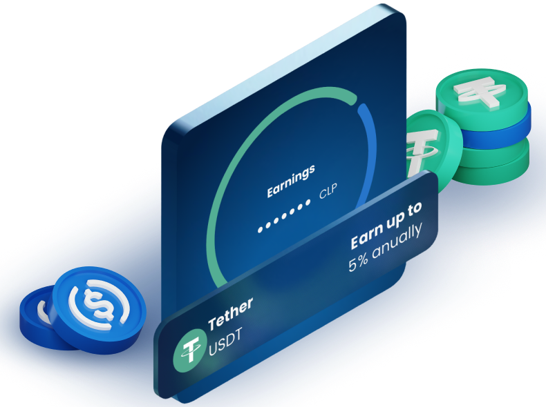 3D chart of cryptocurrency earnings, featuring Tether (USDT) and USD Coin (USDC), showing the accumulated balance and annual projected returns.