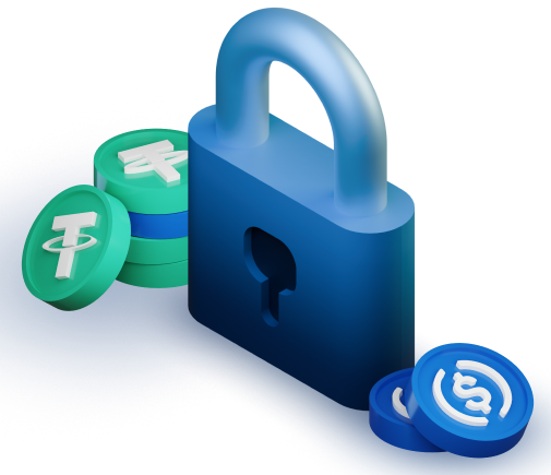 Candado con monedas de Tether (USDT) y USD Coin (USDC)