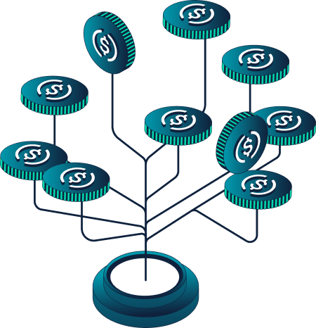 Estructura tipo árbol con monedas de USD Coin