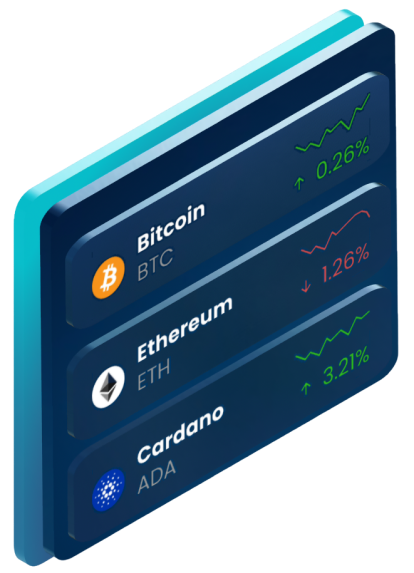Ejemplo de panel 3D mostrando cambios porcentuales de Bitcoin, Ethereum y Cardano