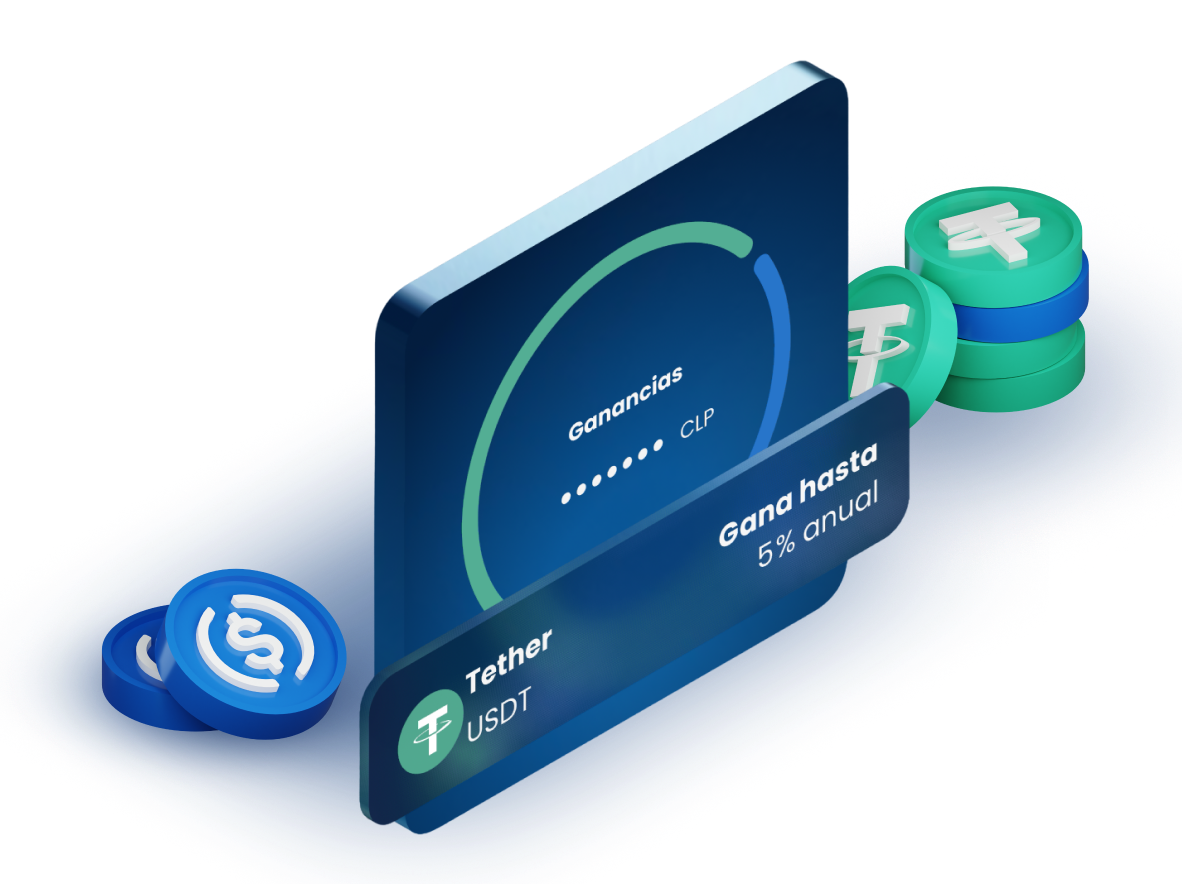 Gráfico 3D de ganancias en criptomonedas, destacando Tether (USDT) y USD Coin (USDC), mostrando el balance acumulado y los rendimientos proyectados anuales.