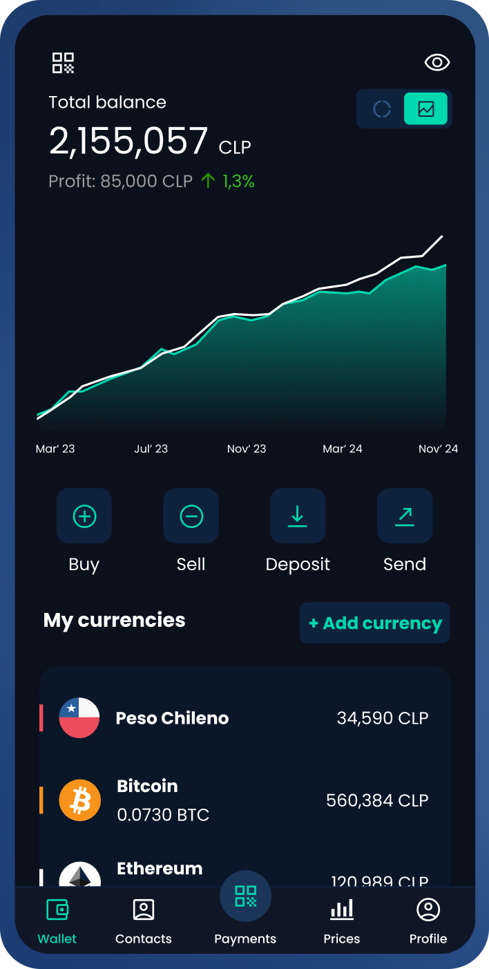 Skipo screenshot showing total balance and transaction options.