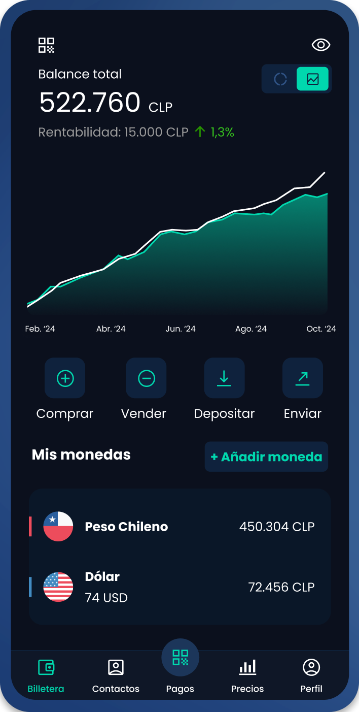 Captura de pantalla de la aplicación Skipo mostrando balance total y opciones de transacción