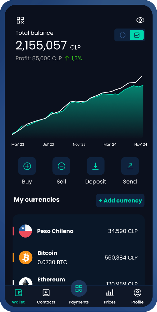 Skipo screenshot showing total balance and transaction options.
