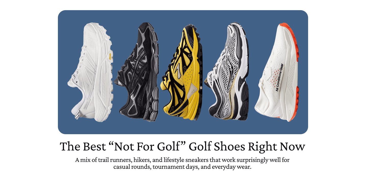 Five distinct golf shoes displayed above the text: "The Best 'Not For Golf' Golf Shoes Right Now."