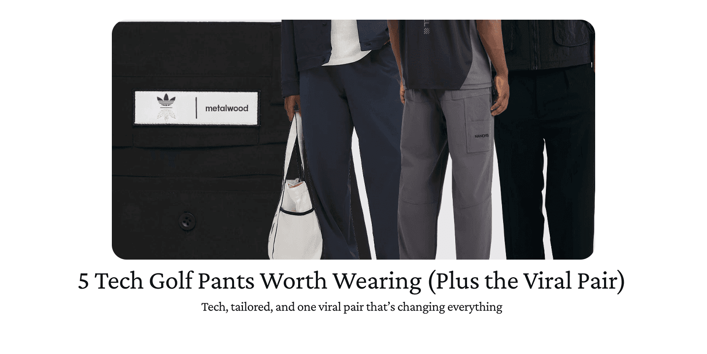 Three people display stylish navy, grey, and black tech golf pants.