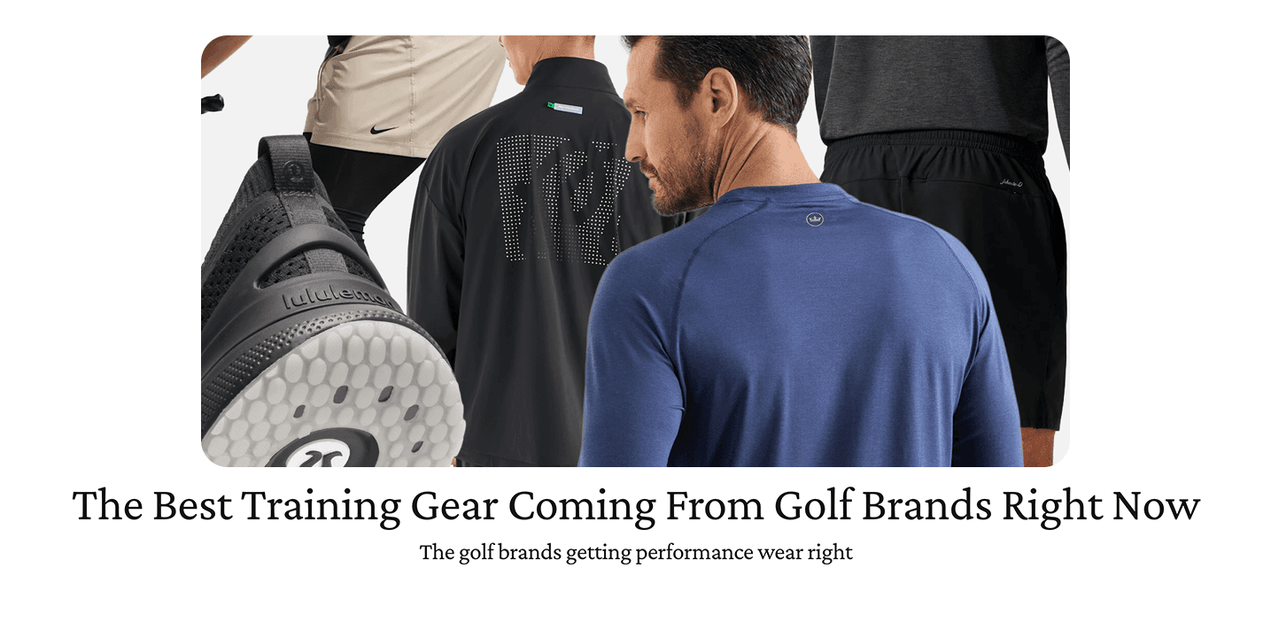 Golf brands showcase new training gear, featuring athletic apparel and a specialized shoe.