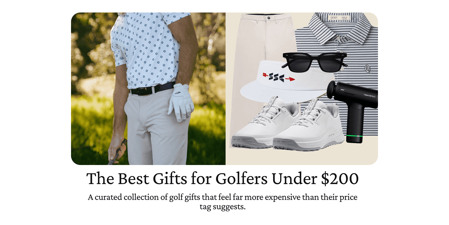 Golfer on course and golf accessories with text: "The Best Gifts for Golfers Under $200".